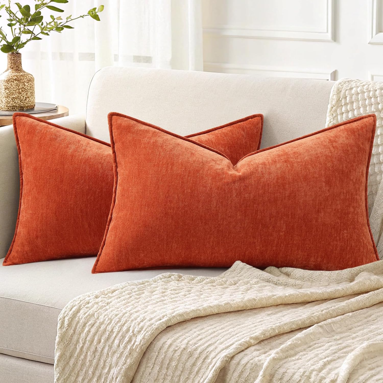 Beige Chenille Throw Pillow Covers Set of 2