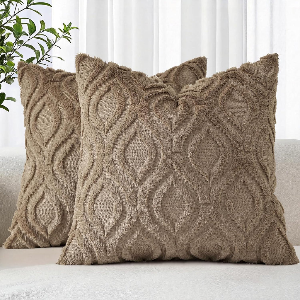 Beige Faux Wool Throw Pillow Covers Set of 2