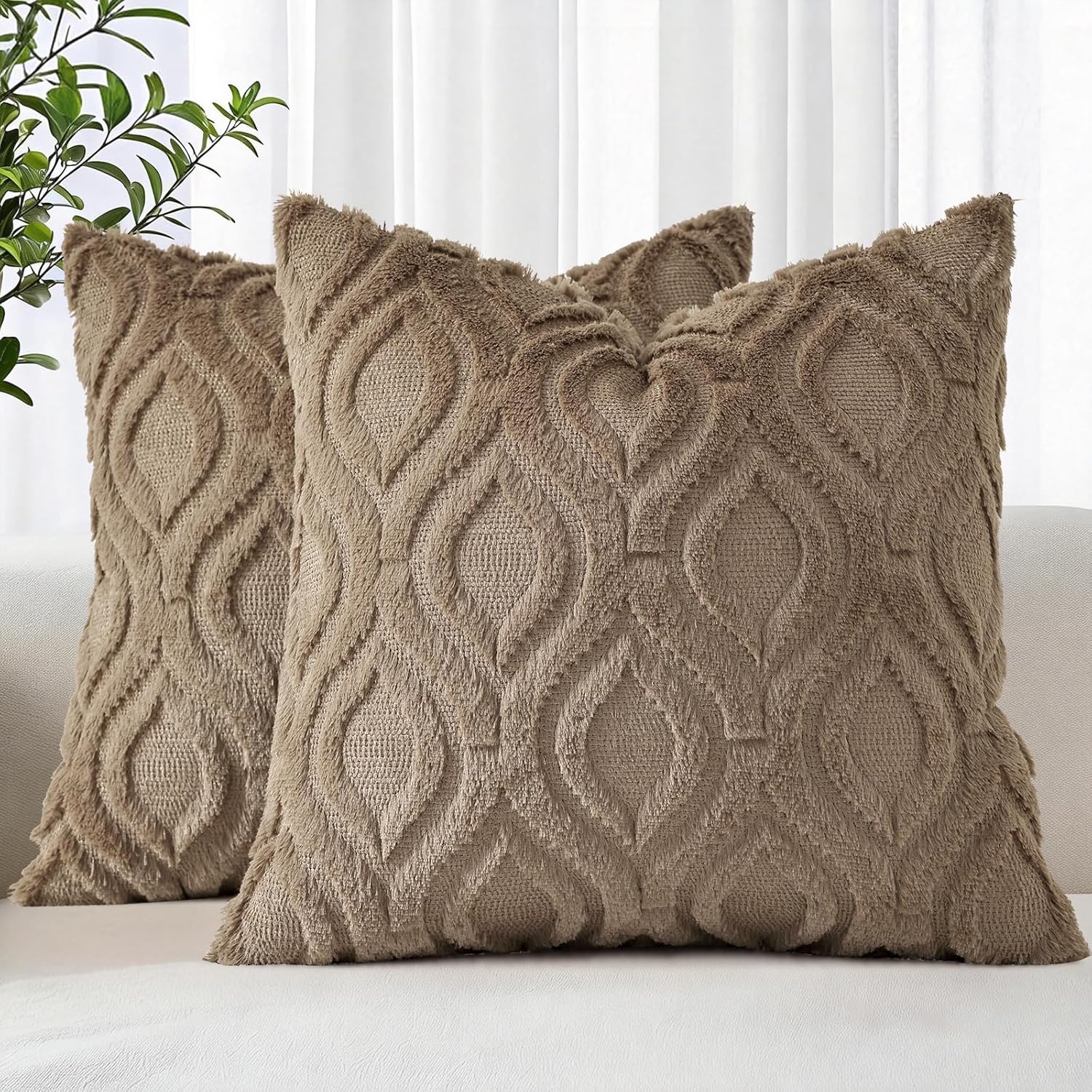 Beige Faux Wool Throw Pillow Covers Set of 2