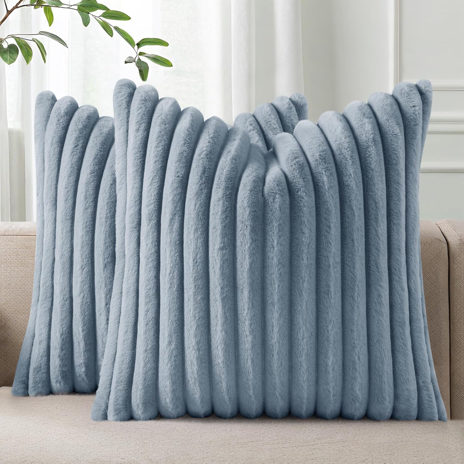 Cream White Striped Faux Fur Pillow Covers
