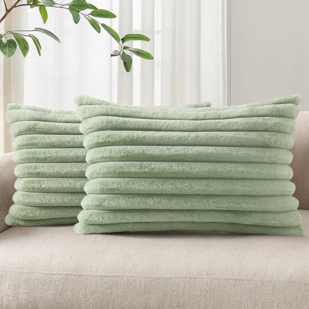 Cream White Striped Faux Fur Pillow Covers