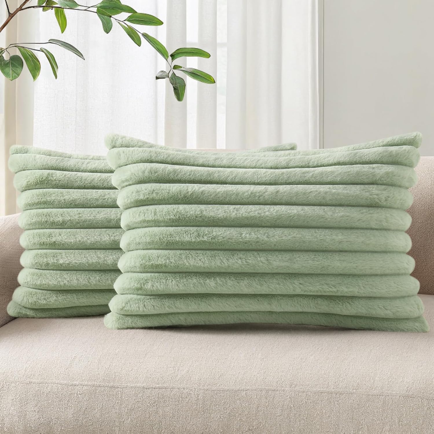 Cream White Striped Faux Fur Pillow Covers