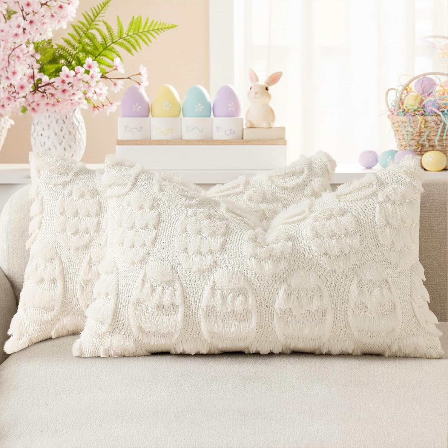 Beige Faux Wool Throw Pillow Covers Set of 2