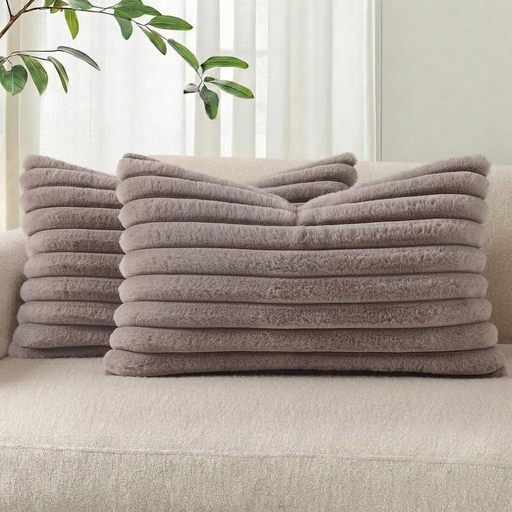 Cream White Striped Faux Fur Pillow Covers