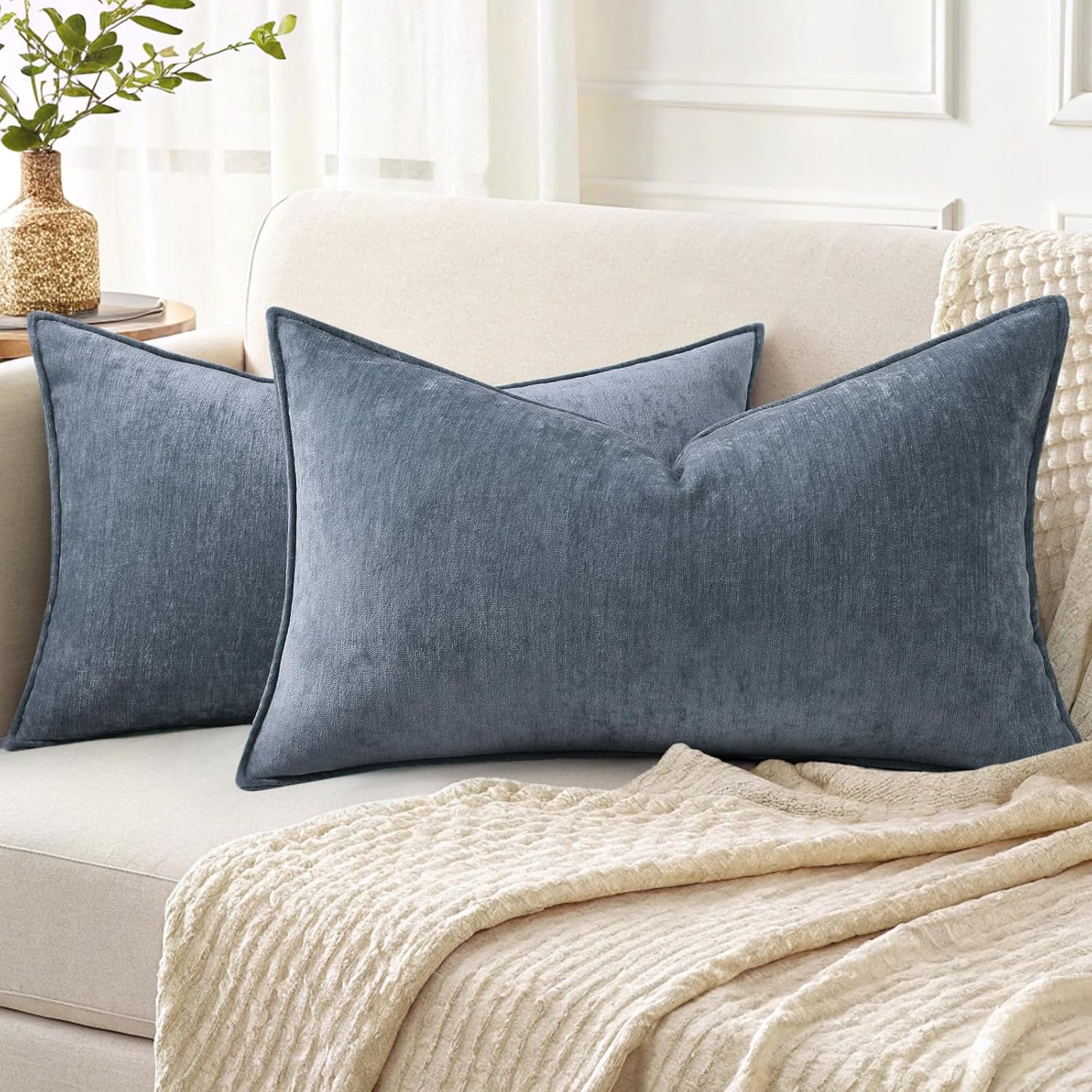 Beige Chenille Throw Pillow Covers Set of 2