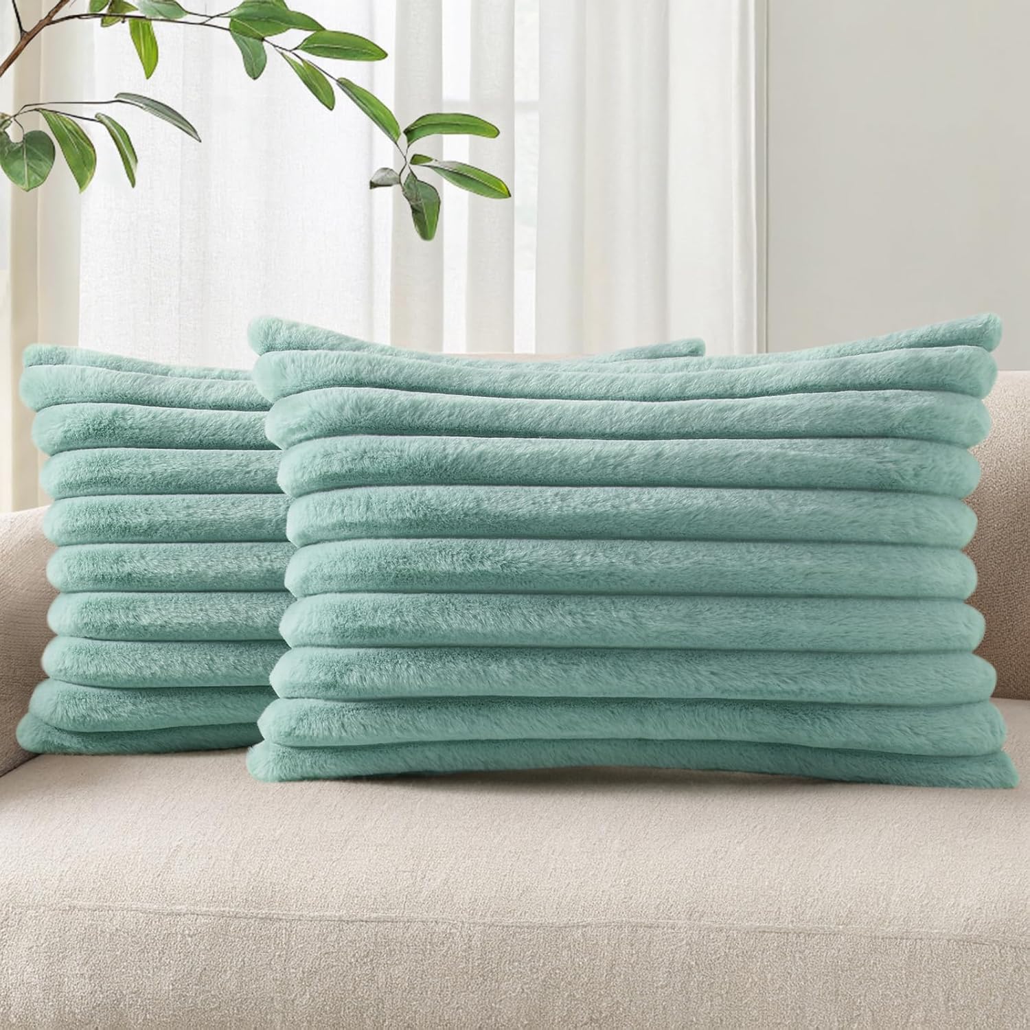 Cream White Striped Faux Fur Pillow Covers