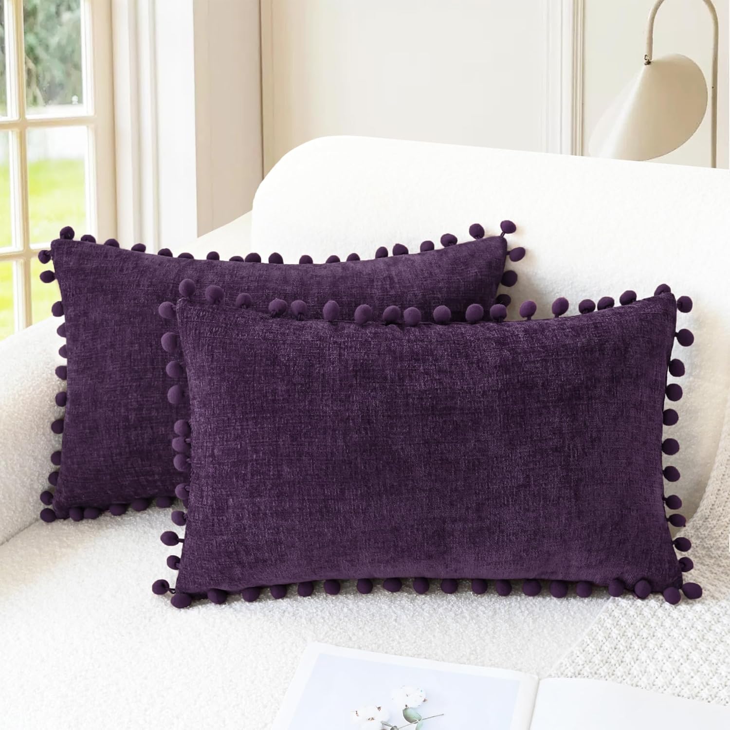 Apricot Brown Chenille Pillow Covers with Pom Poms
