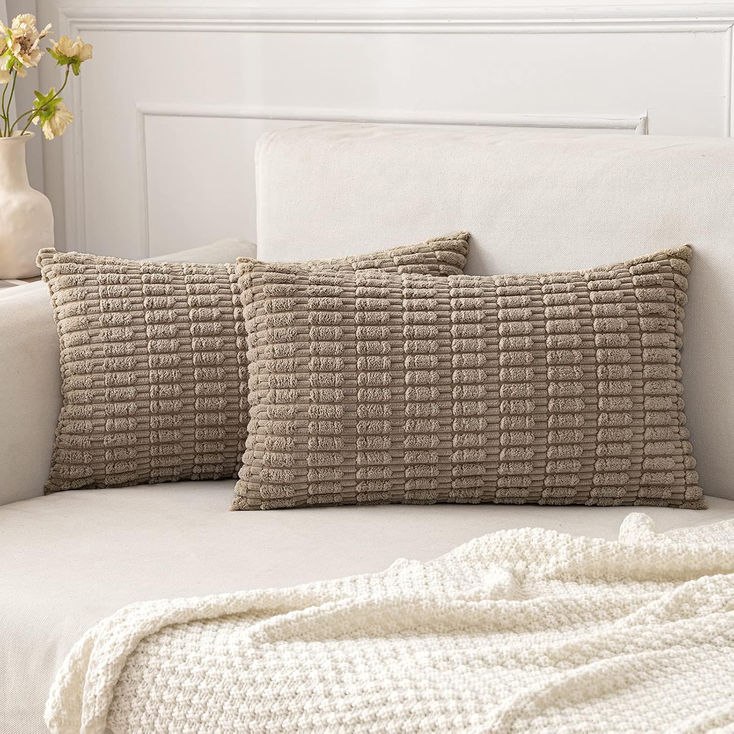 Cream White Boho Corduroy Striped Pillow Covers