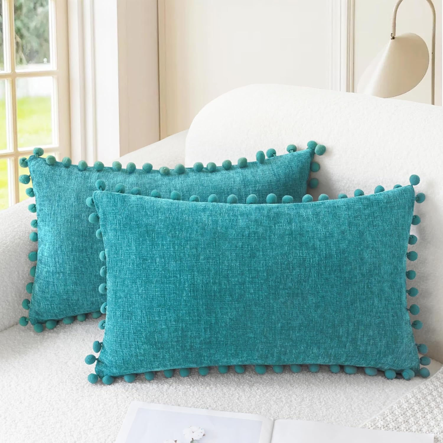 Apricot Brown Chenille Pillow Covers with Pom Poms