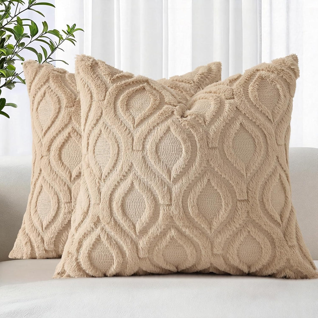 Beige Faux Wool Throw Pillow Covers Set of 2