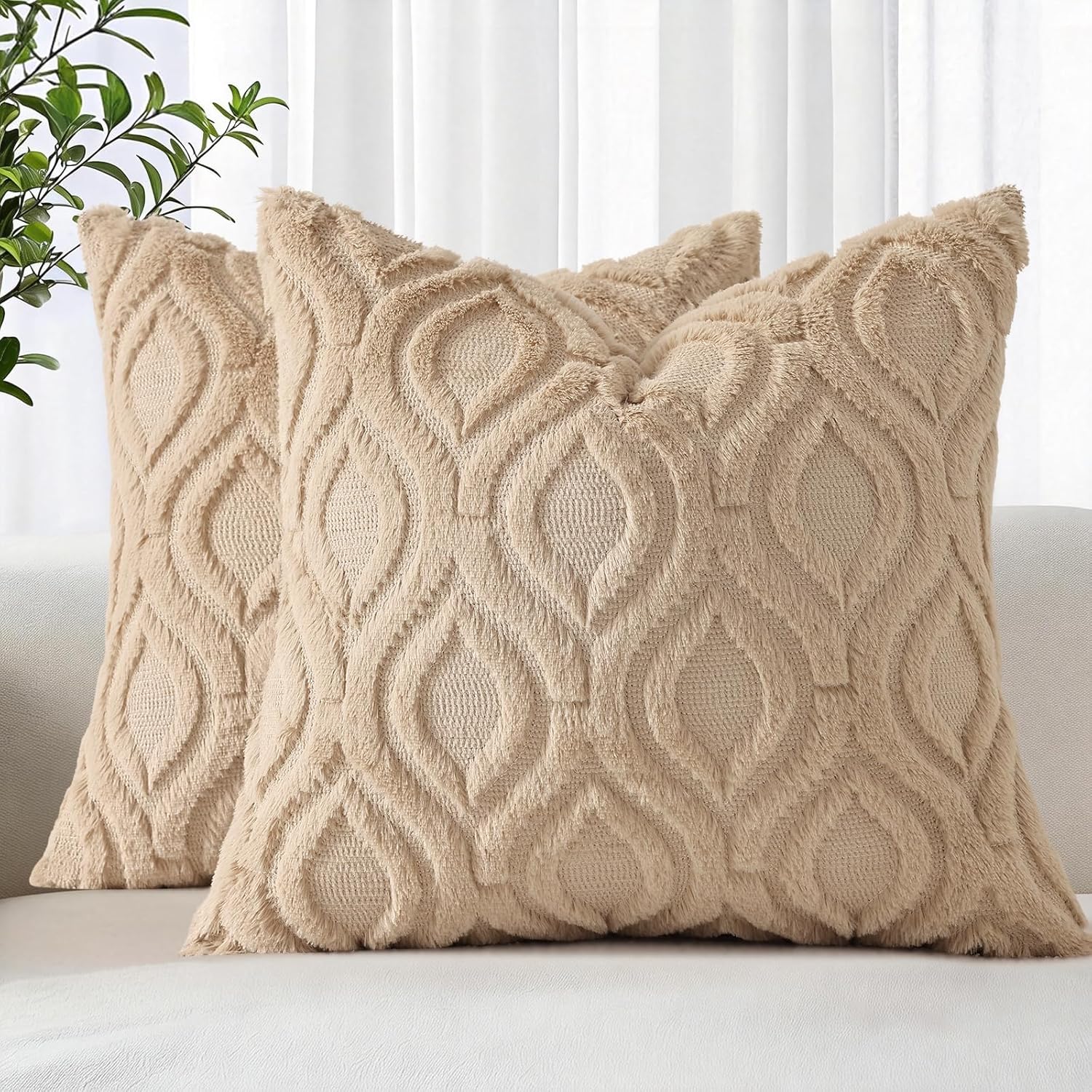 Beige Faux Wool Throw Pillow Covers Set of 2
