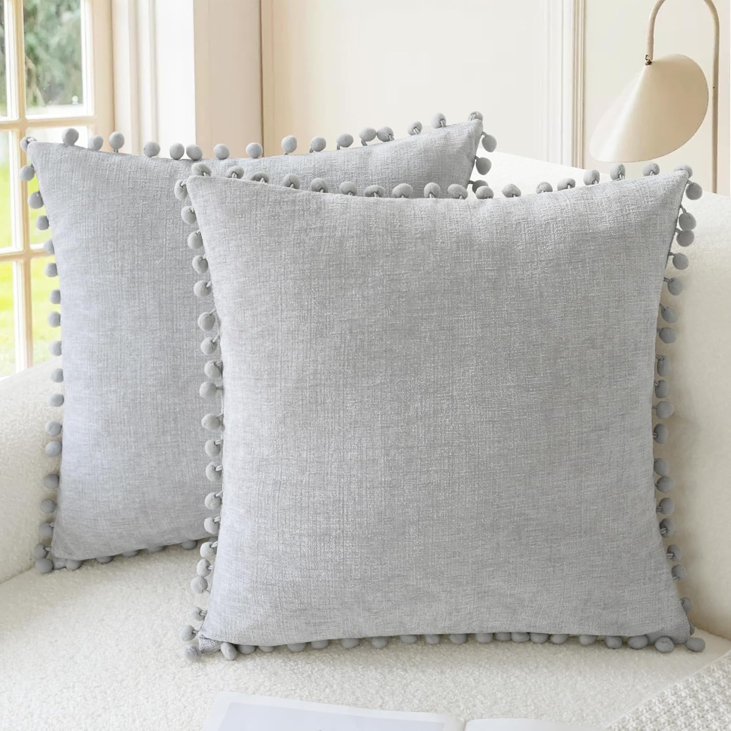 Apricot Brown Chenille Pillow Covers with Pom Poms