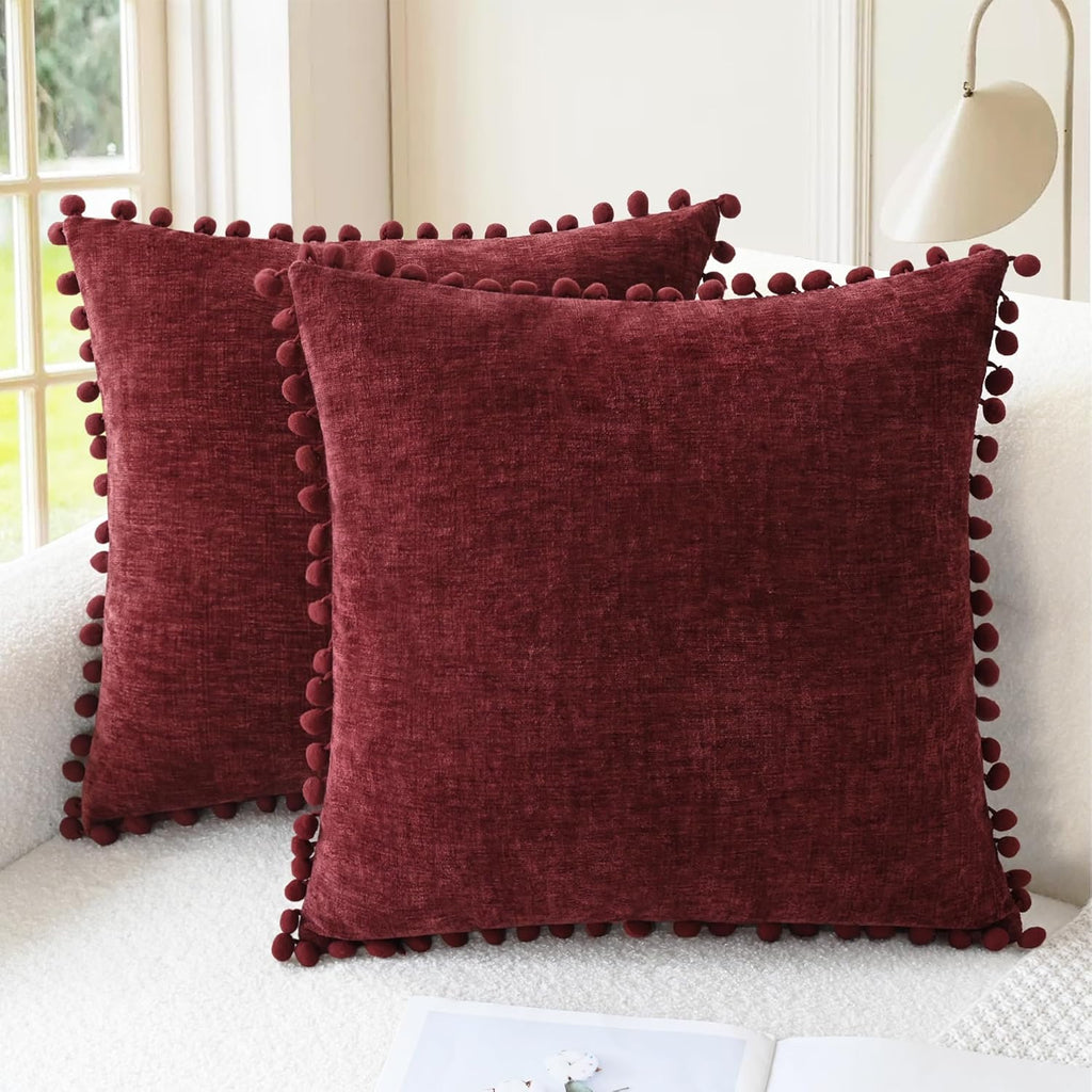 Apricot Brown Chenille Pillow Covers with Pom Poms