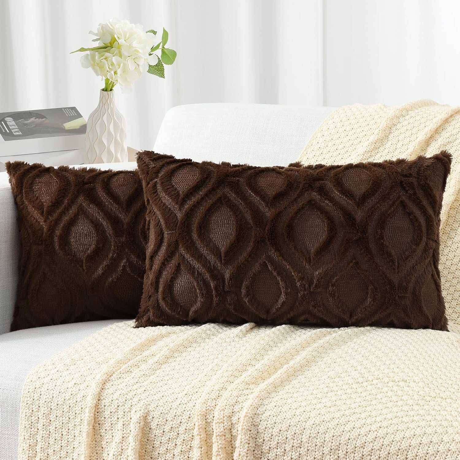 Beige Faux Wool Throw Pillow Covers Set of 2