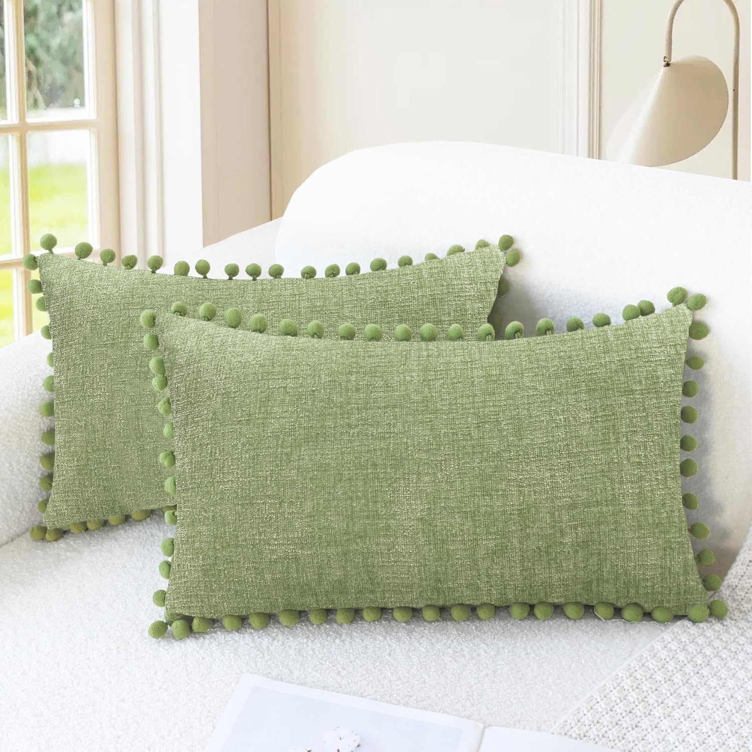 Apricot Brown Chenille Pillow Covers with Pom Poms
