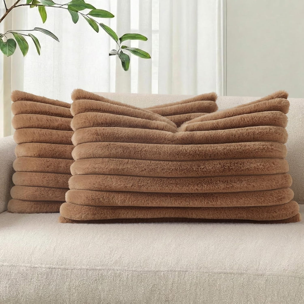 Cream White Striped Faux Fur Pillow Covers