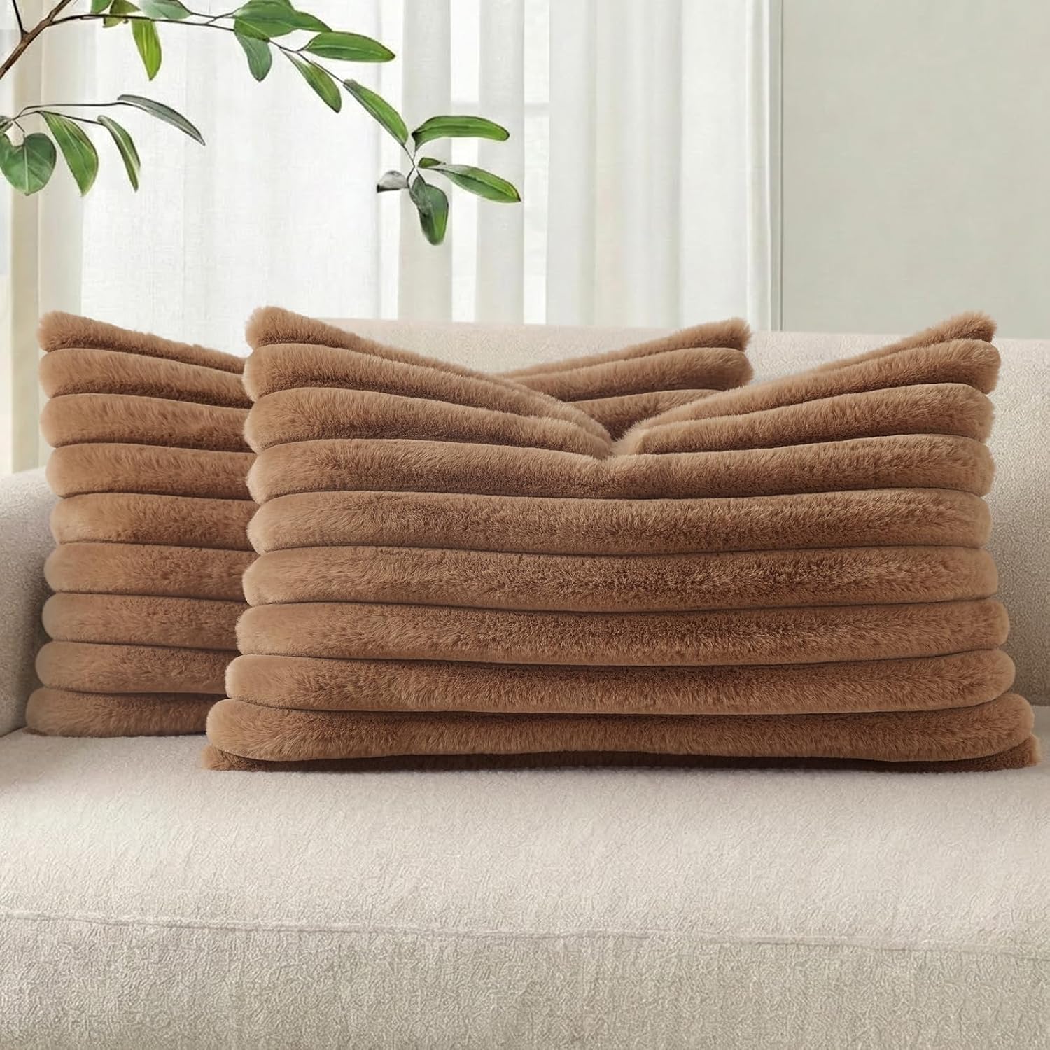 Cream White Striped Faux Fur Pillow Covers