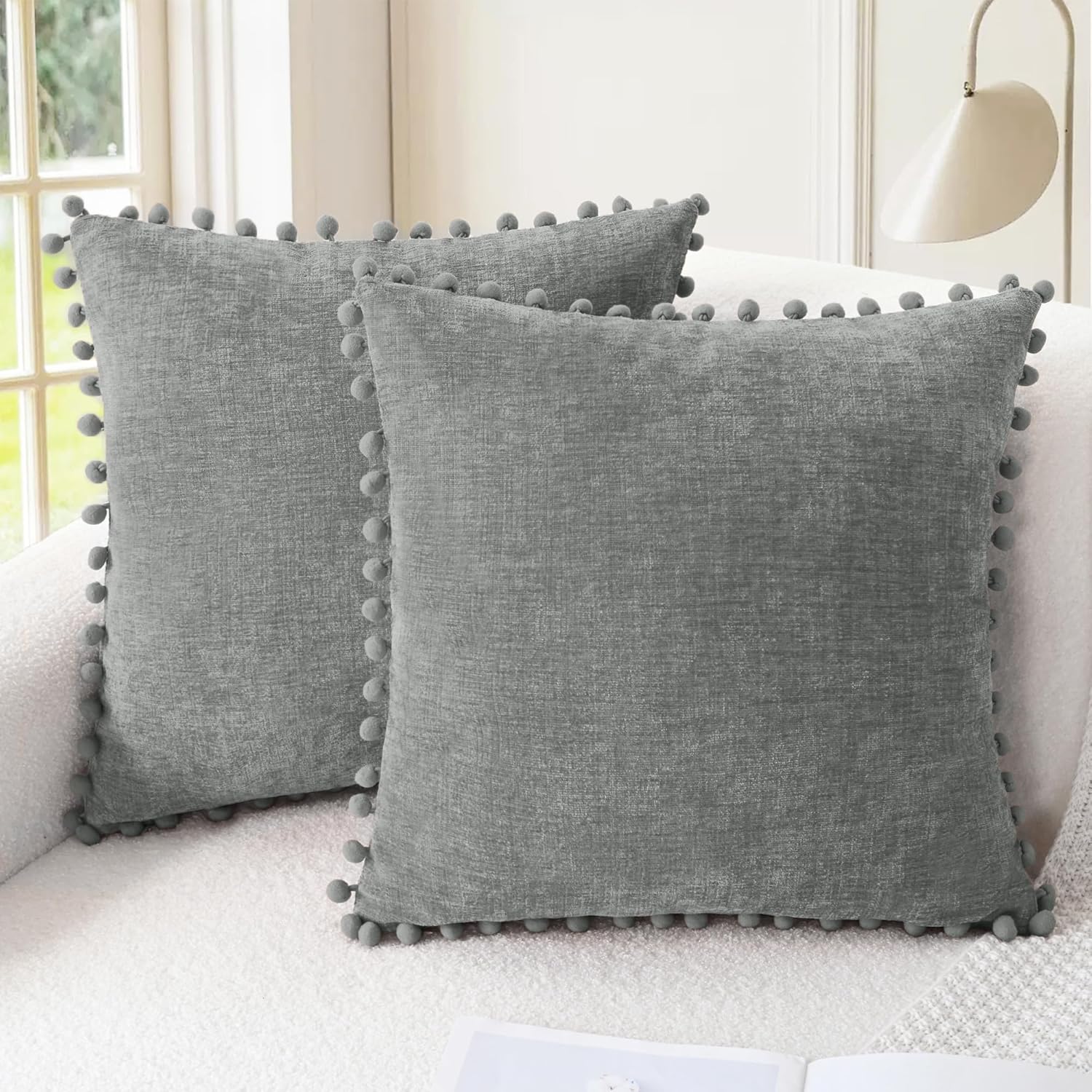 Apricot Brown Chenille Pillow Covers with Pom Poms
