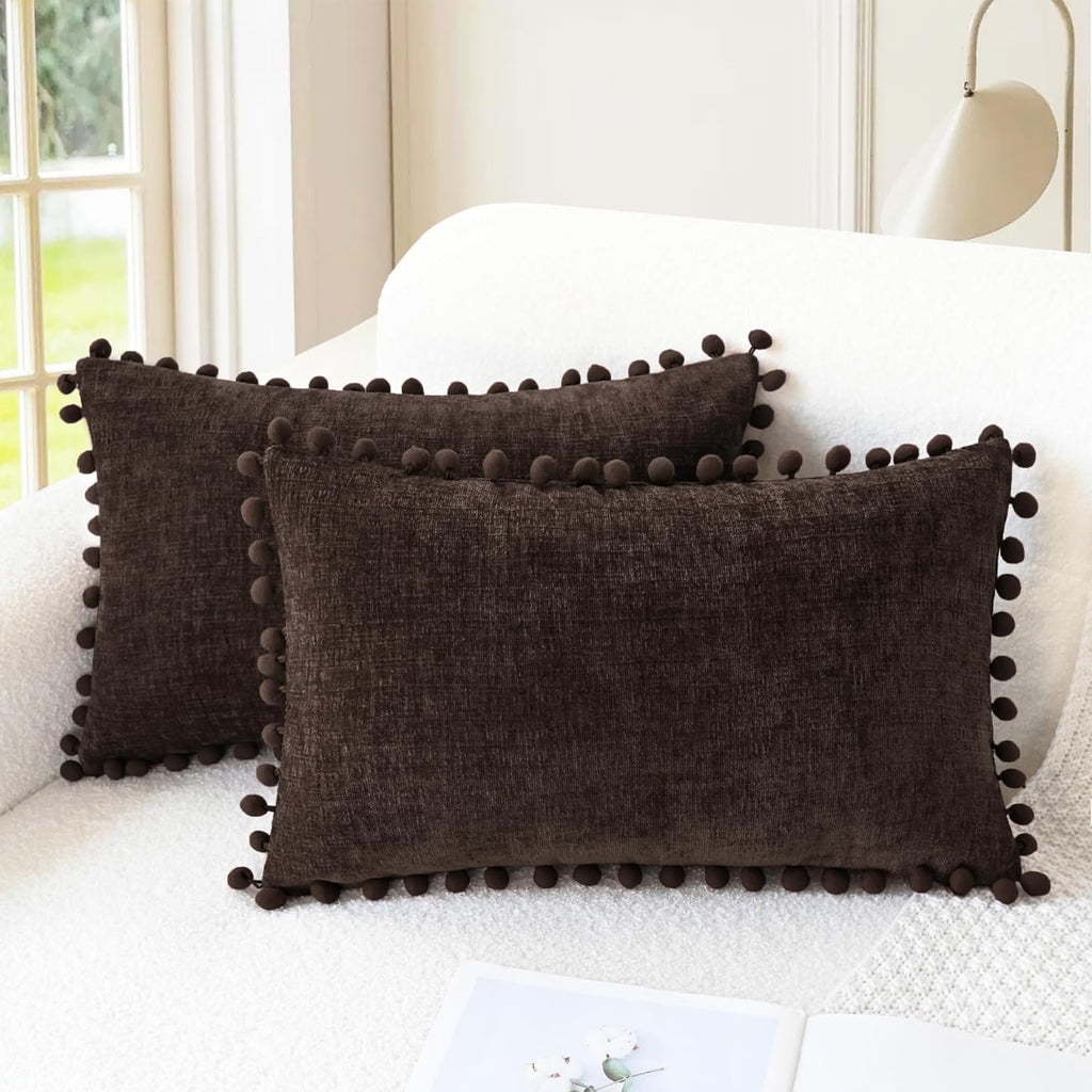 Apricot Brown Chenille Pillow Covers with Pom Poms