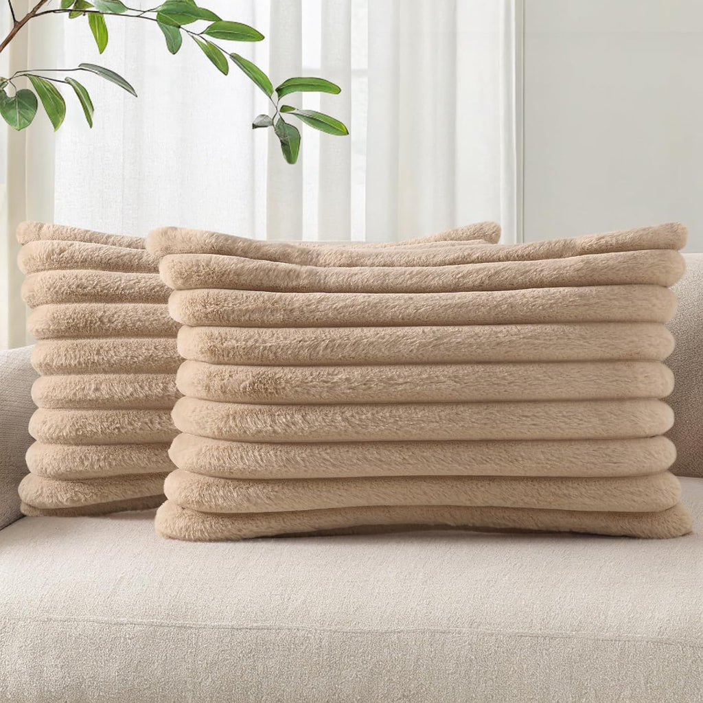 Cream White Striped Faux Fur Pillow Covers
