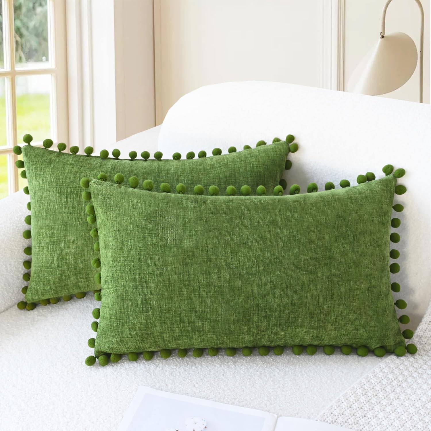 Apricot Brown Chenille Pillow Covers with Pom Poms