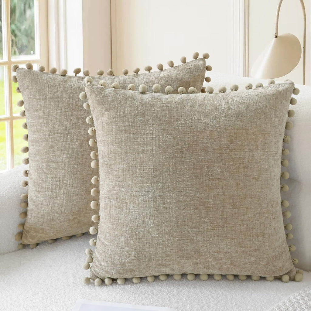 Apricot Brown Chenille Pillow Covers with Pom Poms