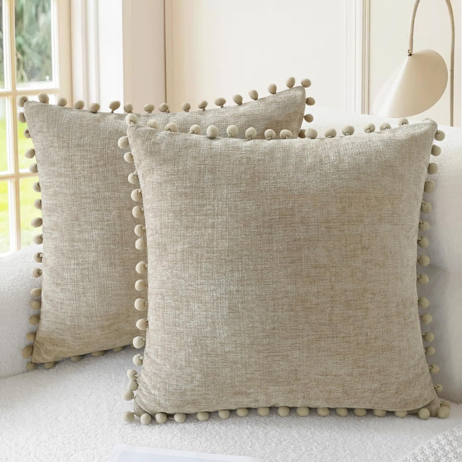 Apricot Brown Chenille Pillow Covers with Pom Poms