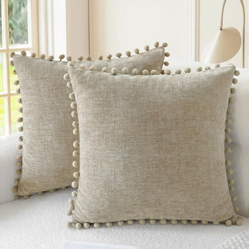Apricot Brown Chenille Pillow Covers with Pom Poms