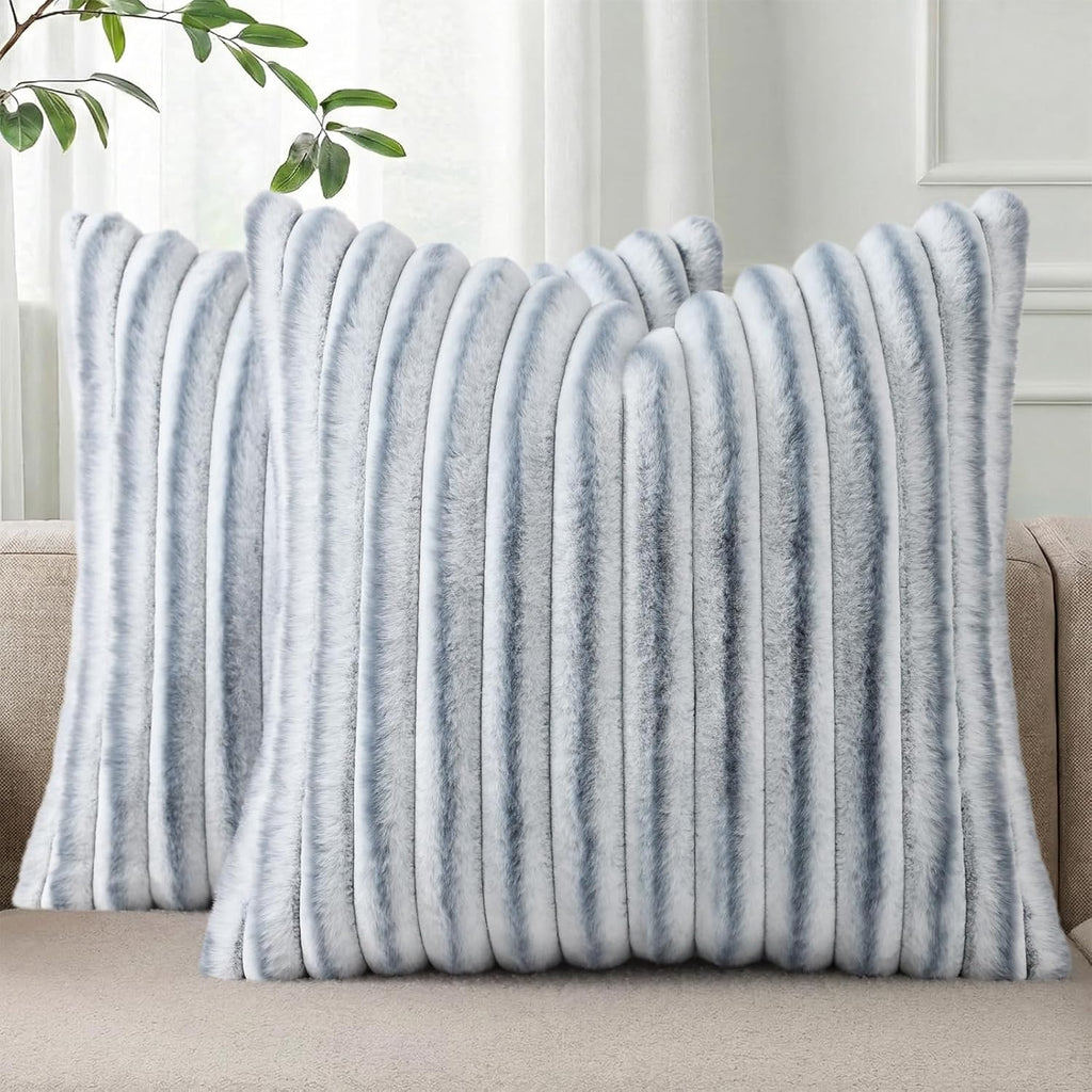 Cream White Striped Faux Fur Pillow Covers