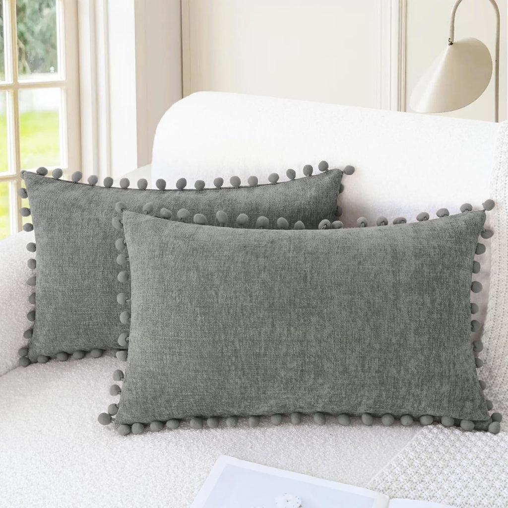 Apricot Brown Chenille Pillow Covers with Pom Poms