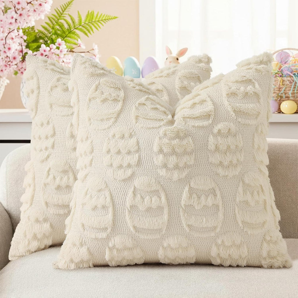 Beige Faux Wool Throw Pillow Covers Set of 2