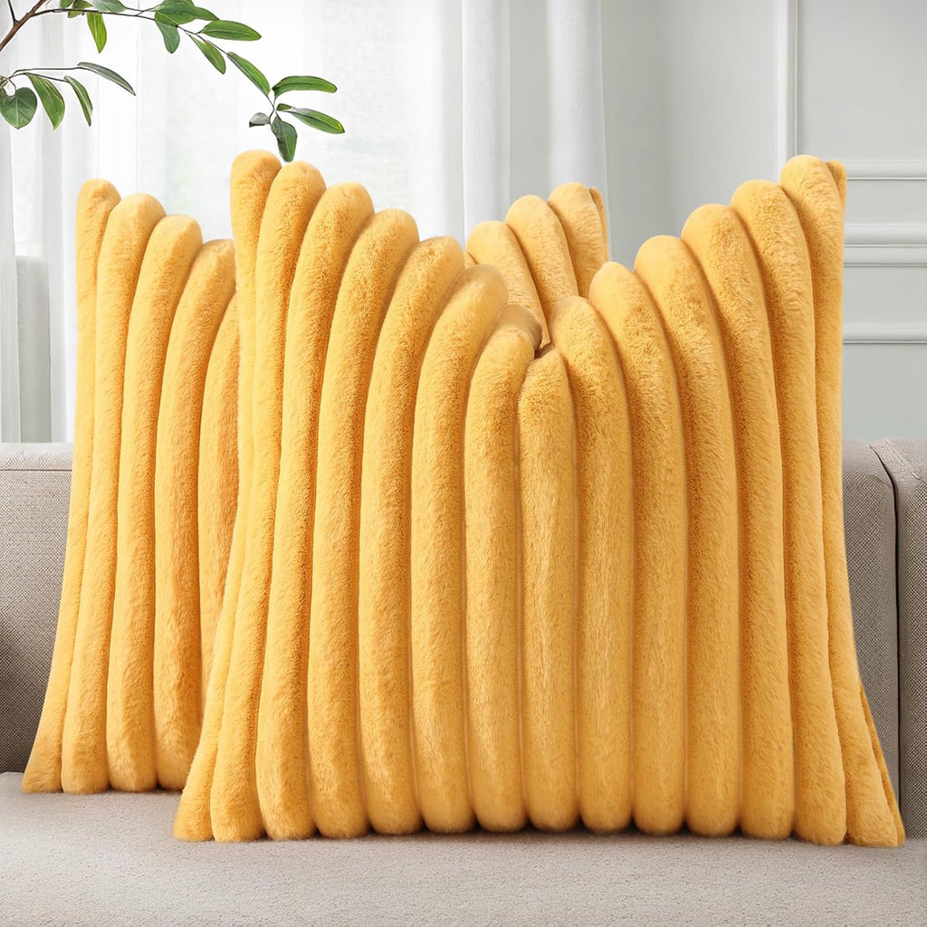 Cream White Striped Faux Fur Pillow Covers