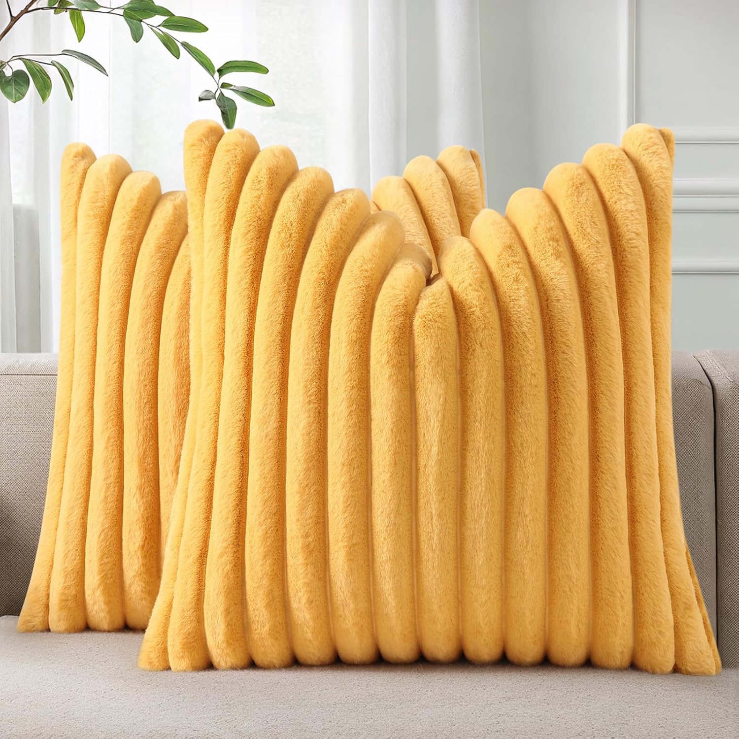 Cream White Striped Faux Fur Pillow Covers
