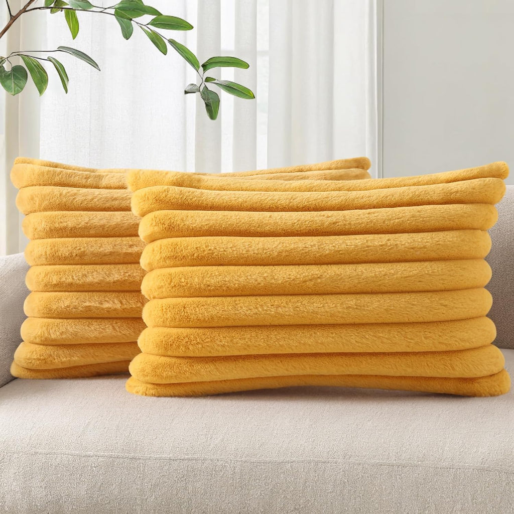 Cream White Striped Faux Fur Pillow Covers