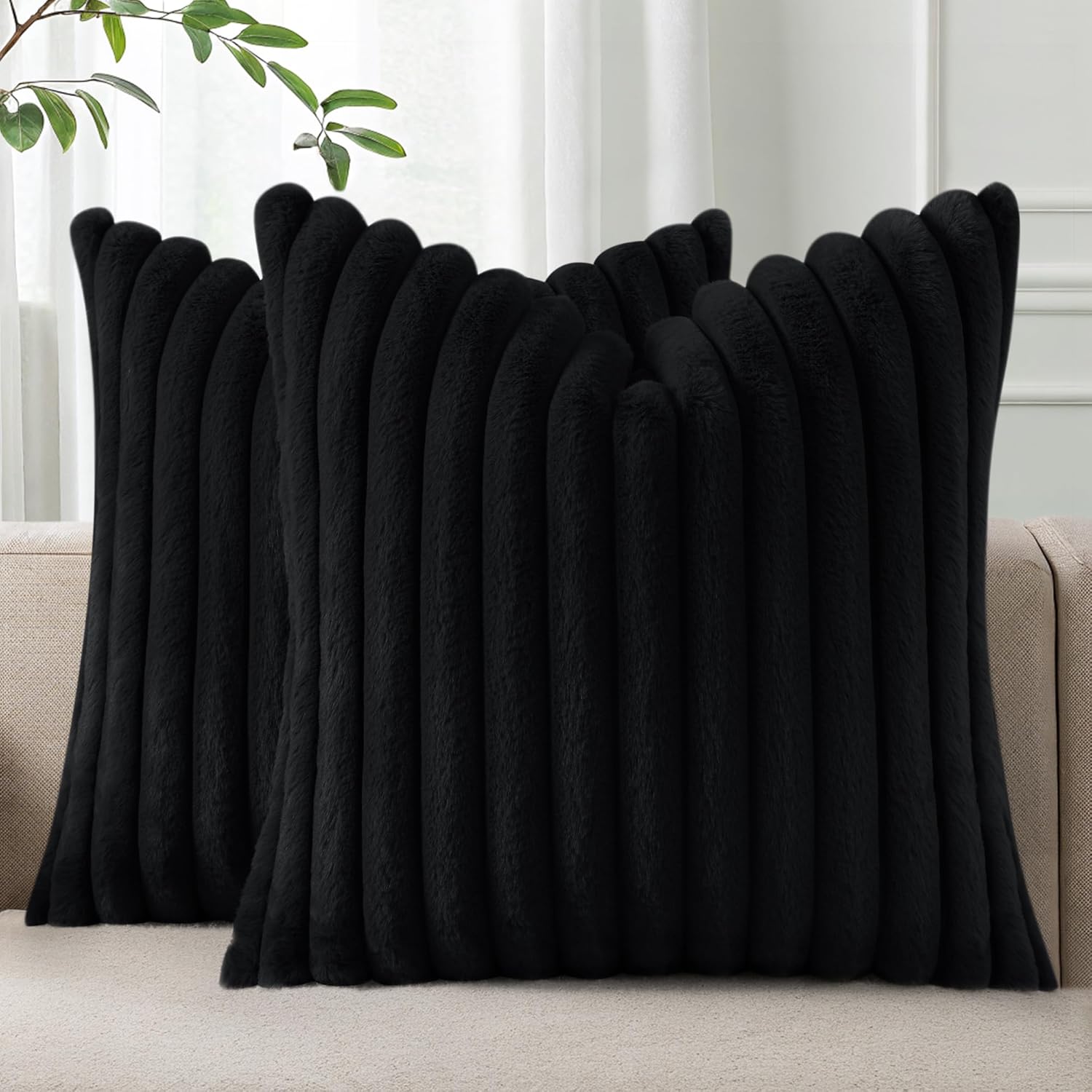 Cream White Striped Faux Fur Pillow Covers