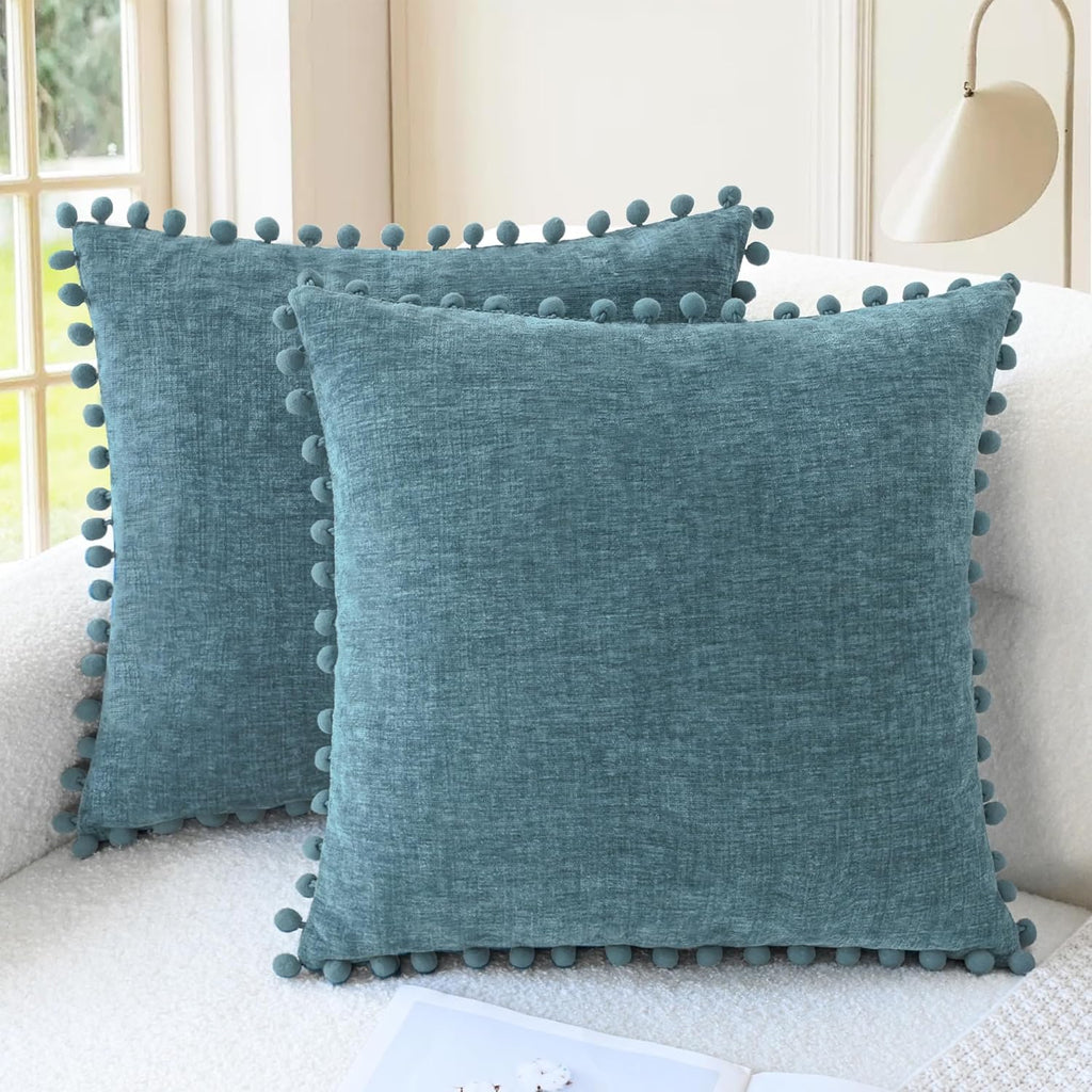 Apricot Brown Chenille Pillow Covers with Pom Poms