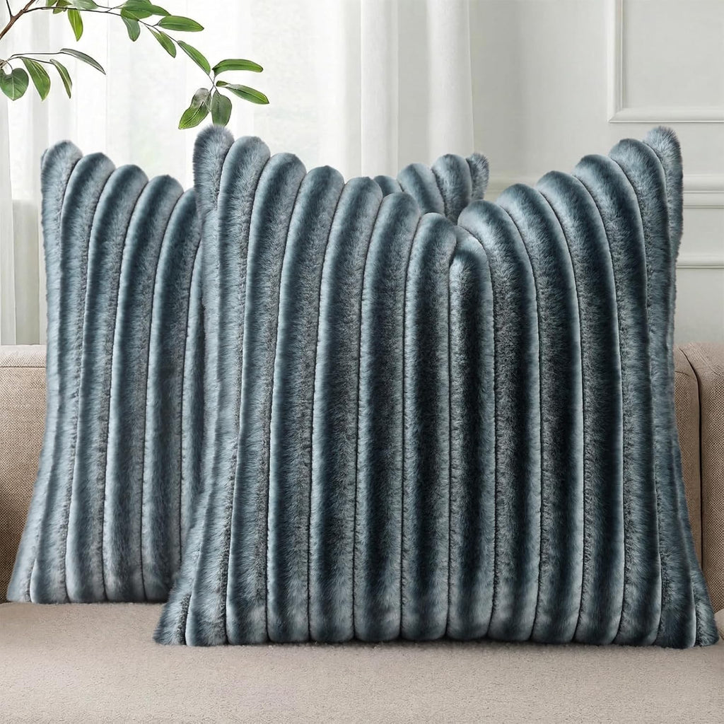 Cream White Striped Faux Fur Pillow Covers