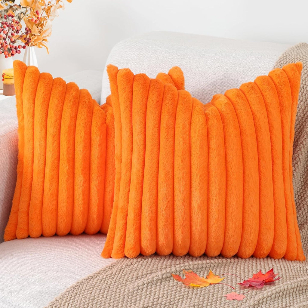 Cream White Striped Faux Fur Pillow Covers