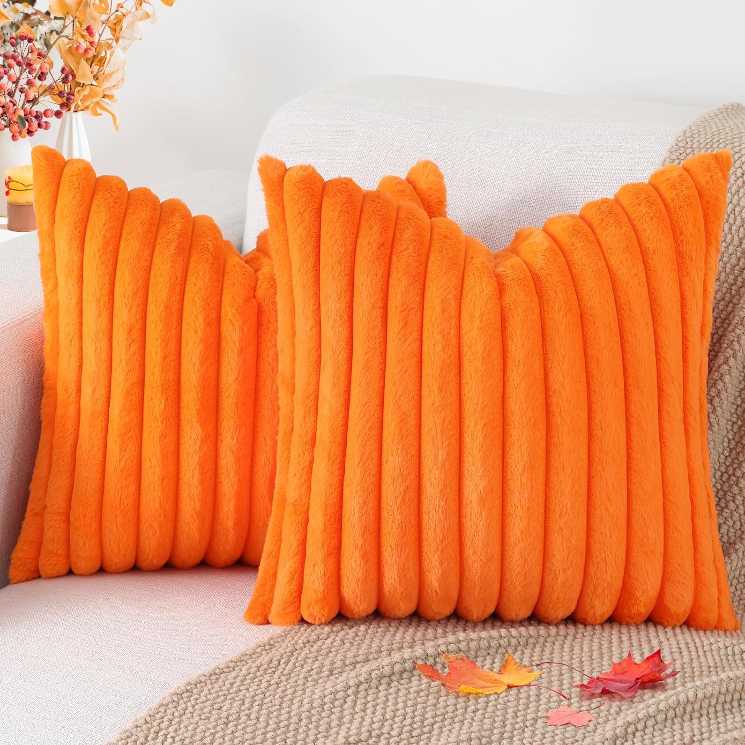 Cream White Striped Faux Fur Pillow Covers