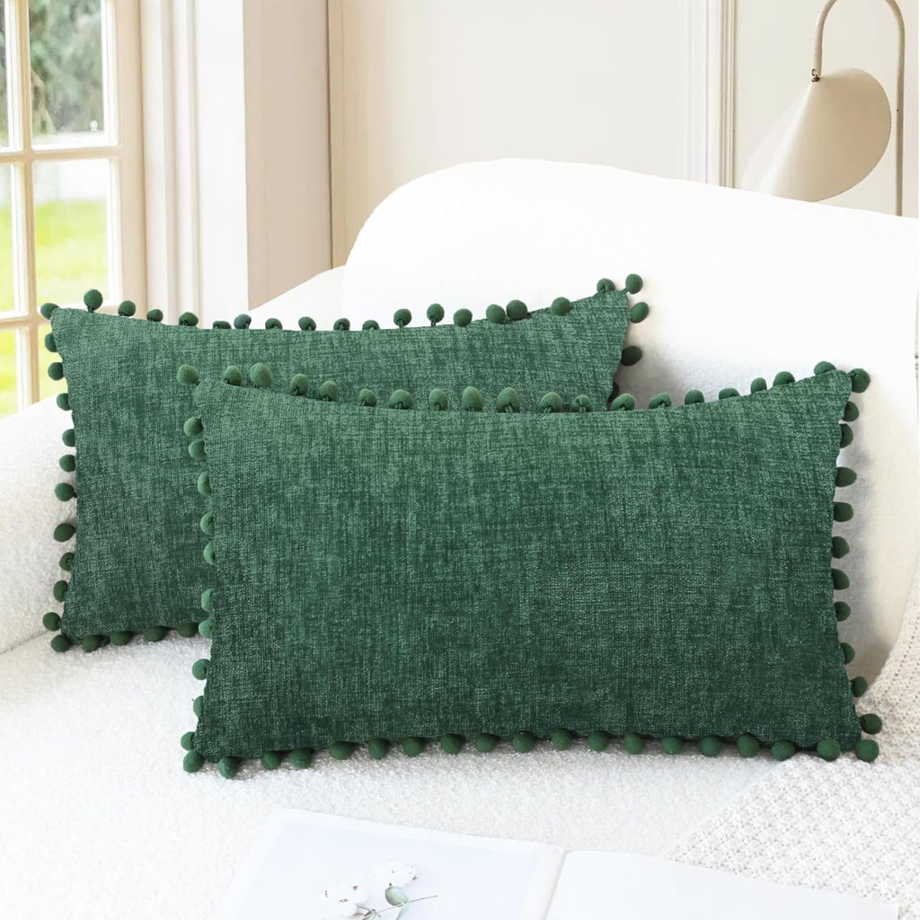 Apricot Brown Chenille Pillow Covers with Pom Poms