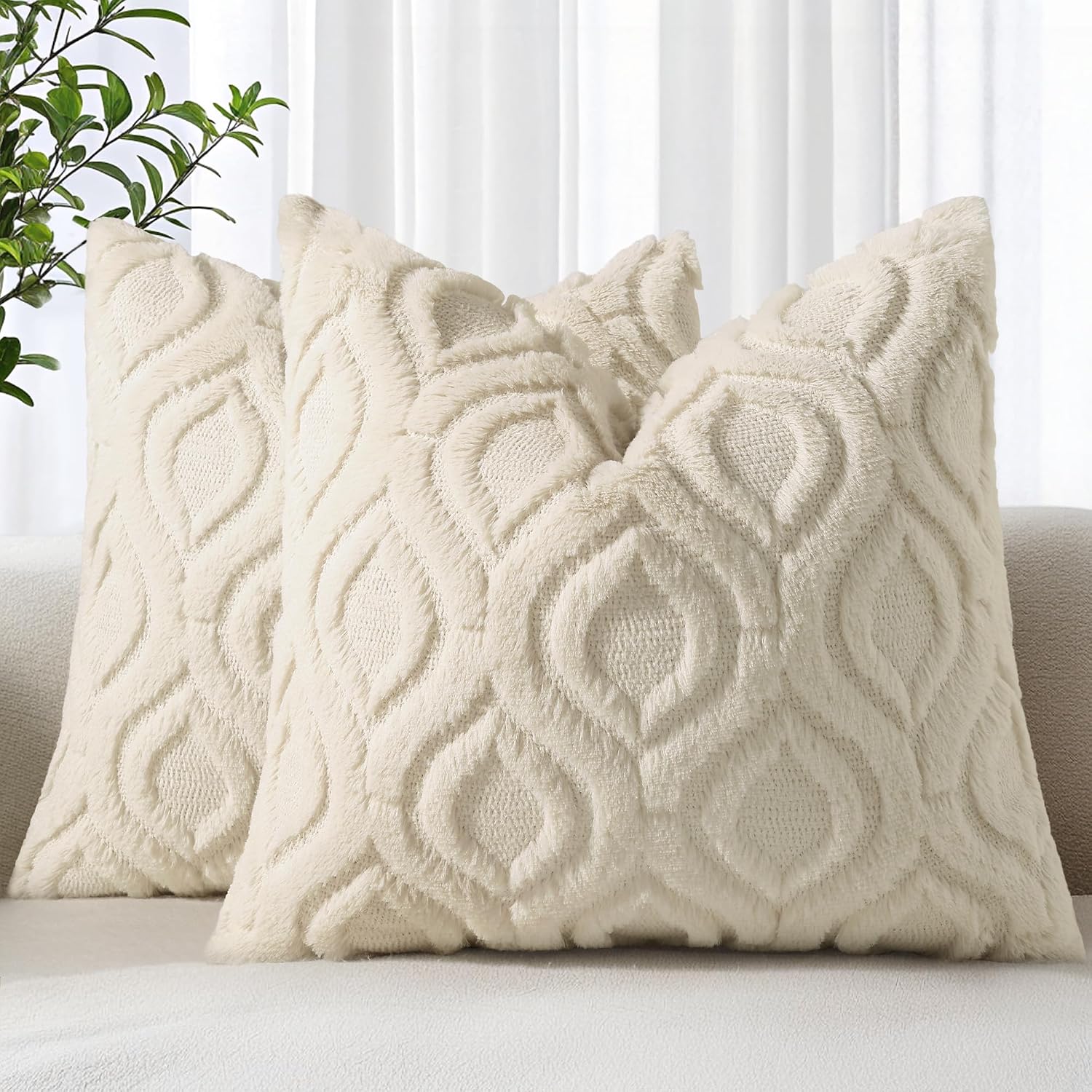 Beige Faux Wool Throw Pillow Covers Set of 2