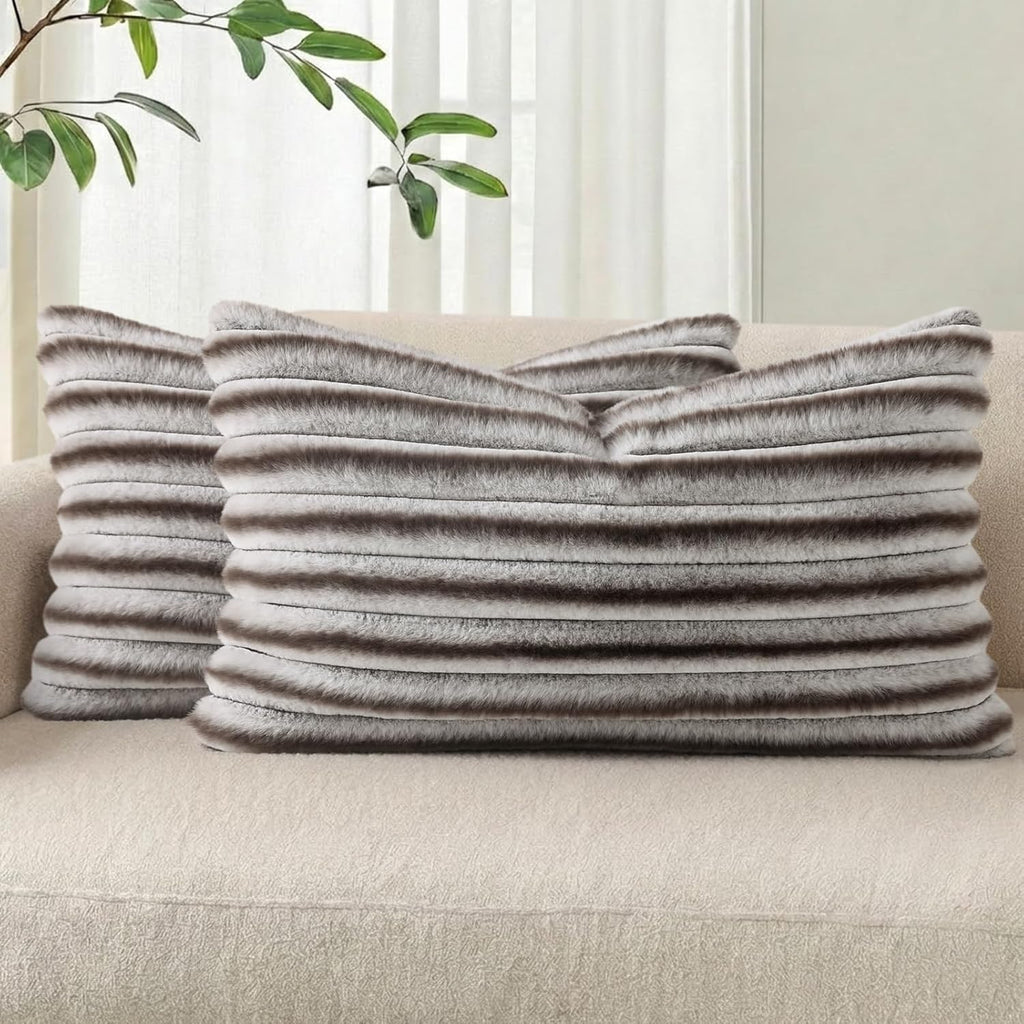Cream White Striped Faux Fur Pillow Covers