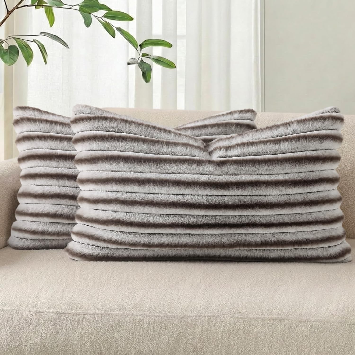 Cream White Striped Faux Fur Pillow Covers