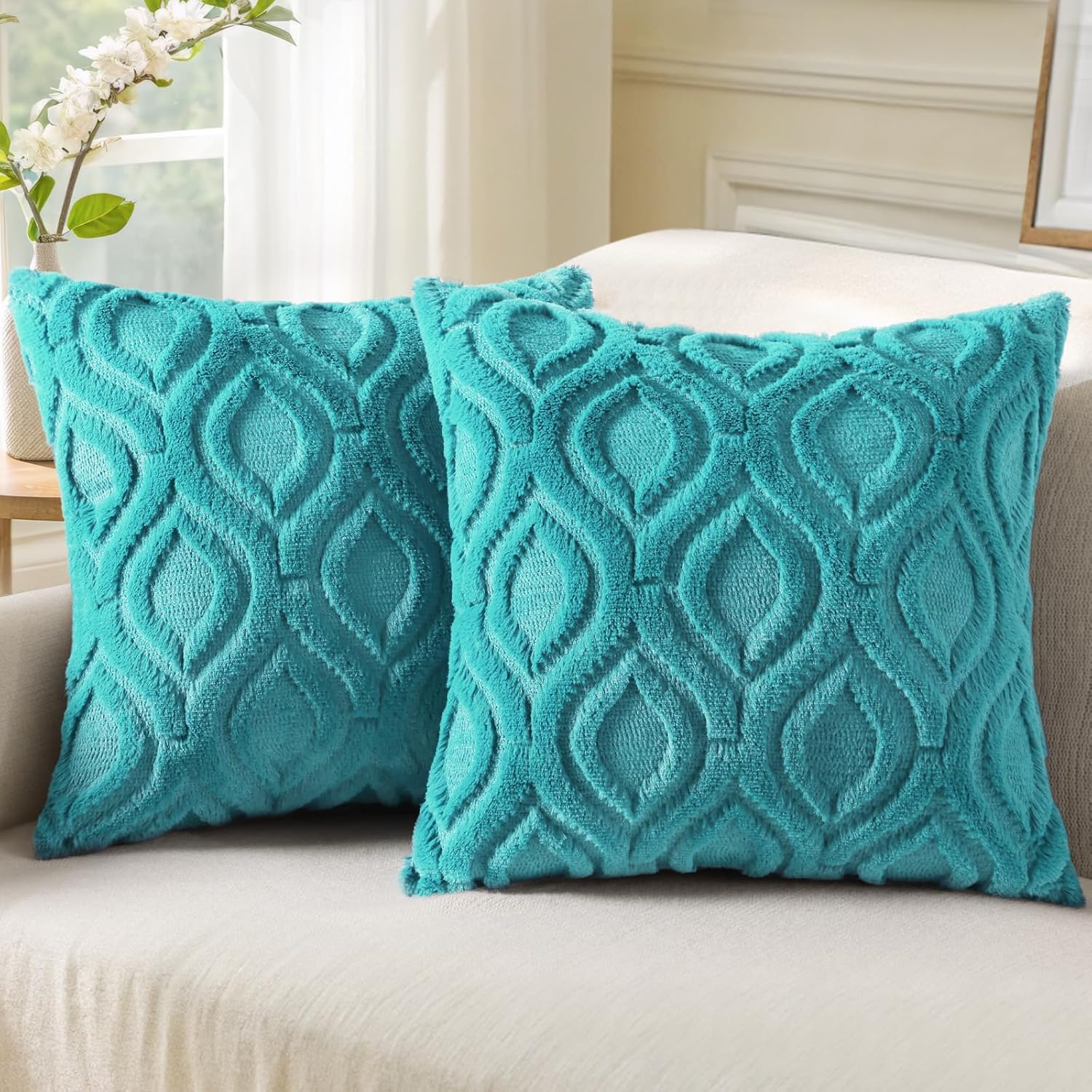 Beige Faux Wool Throw Pillow Covers Set of 2