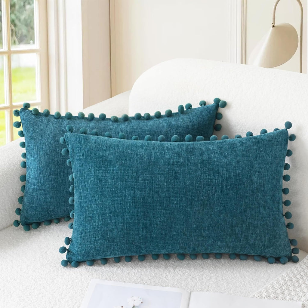 Apricot Brown Chenille Pillow Covers with Pom Poms