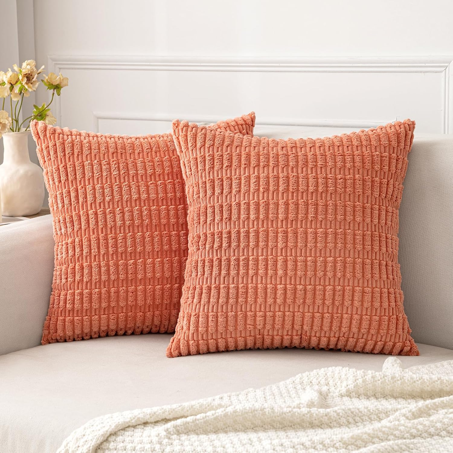 Cream White Boho Corduroy Striped Pillow Covers