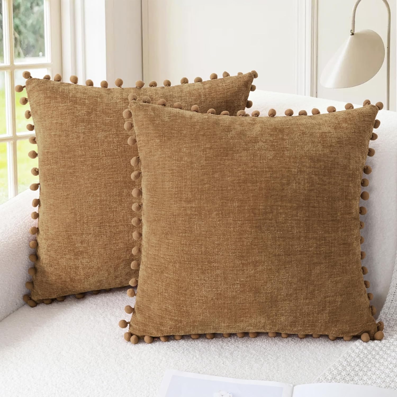 Apricot Brown Chenille Pillow Covers with Pom Poms