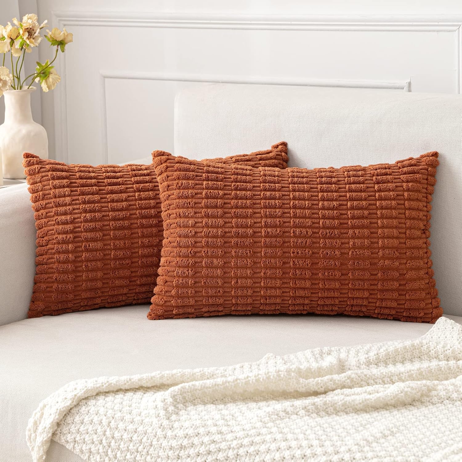Cream White Boho Corduroy Striped Pillow Covers