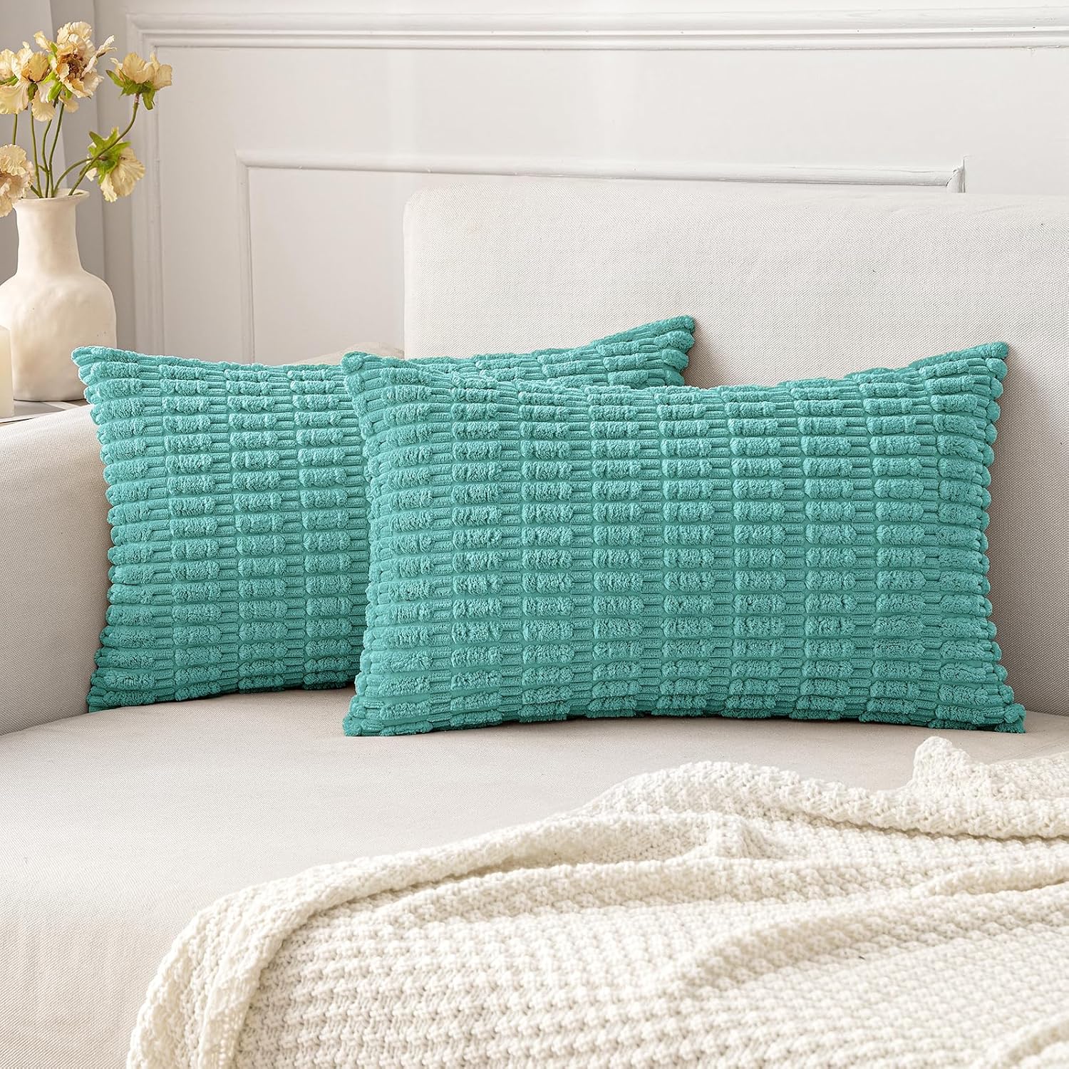 Cream White Boho Corduroy Striped Pillow Covers