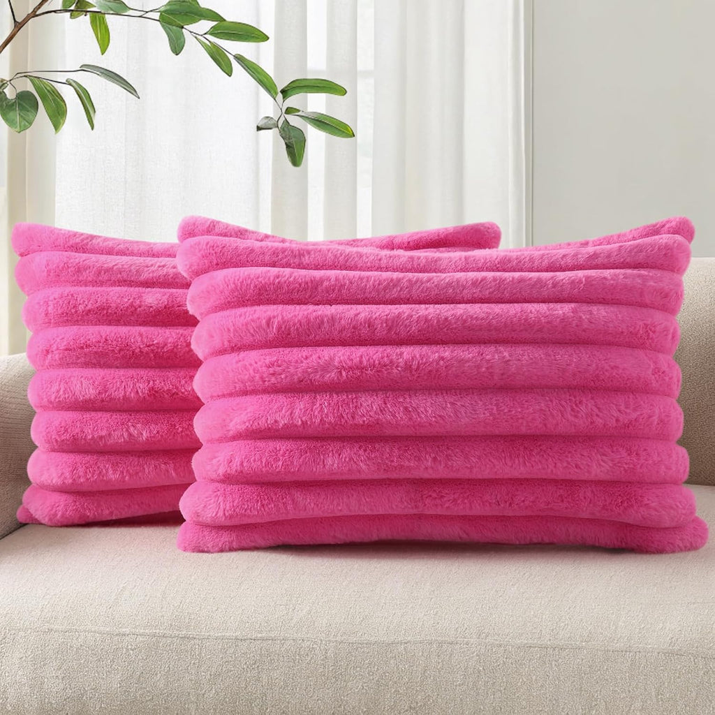 Cream White Striped Faux Fur Pillow Covers